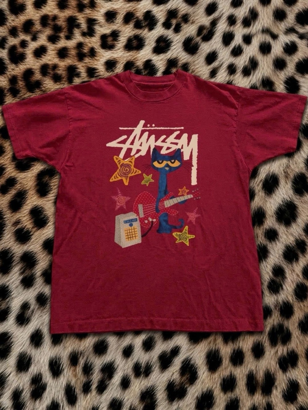 Stussy Pete Burgundy Graphic Tee with Guitar Motif
